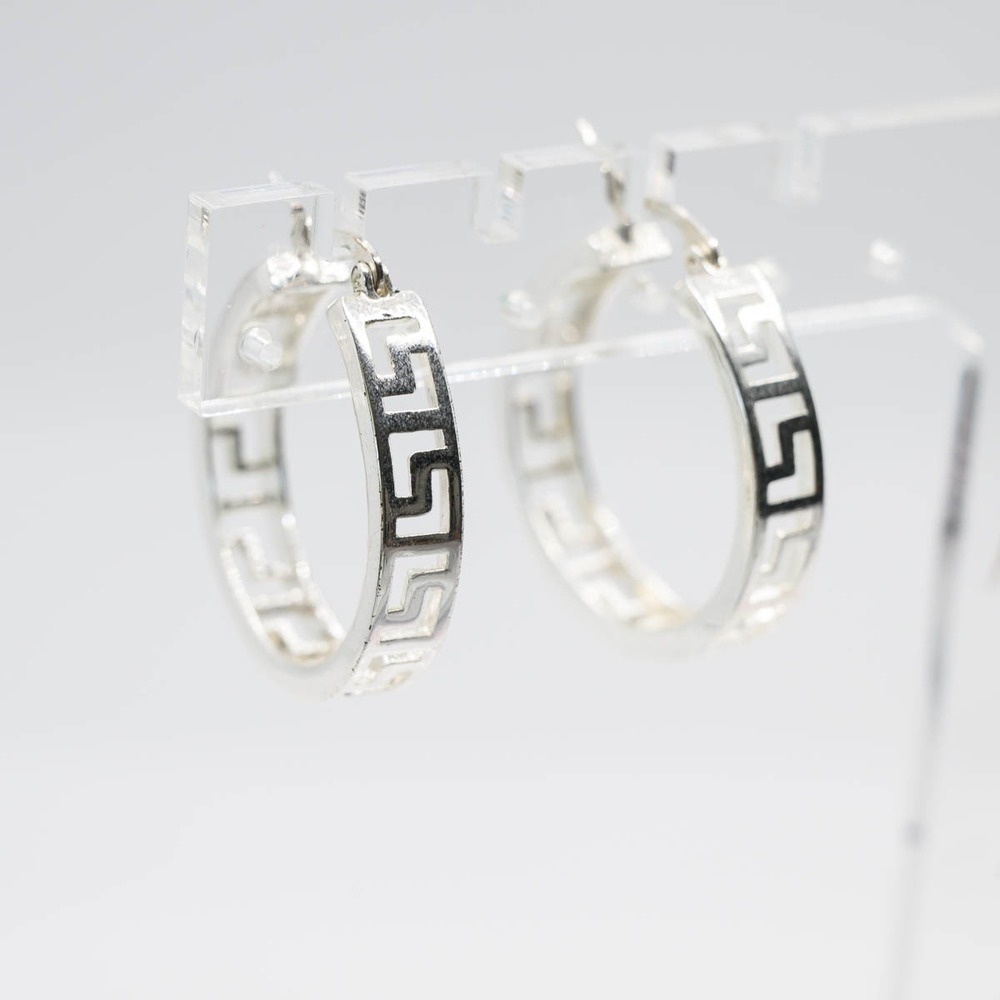 Hoop Earrings Silver Greek Key Meander Cut Out Latch Back